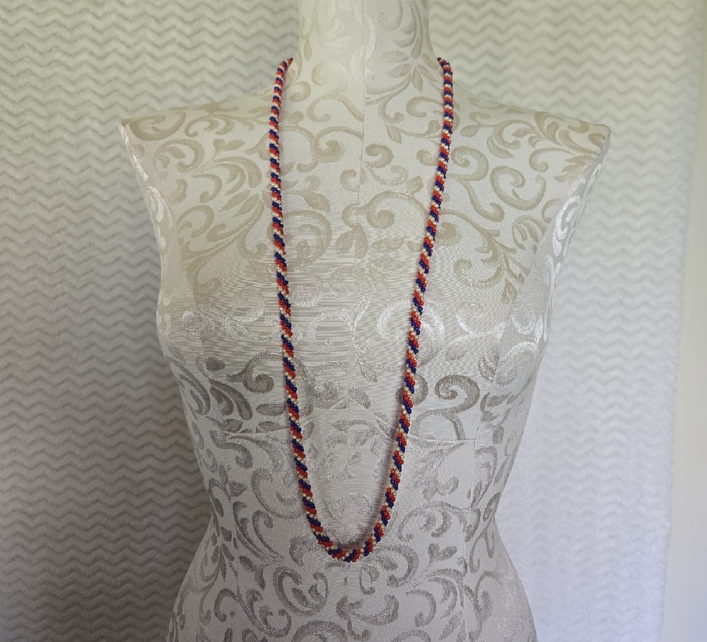 Elegant Red, White, and Blue Beaded Necklace